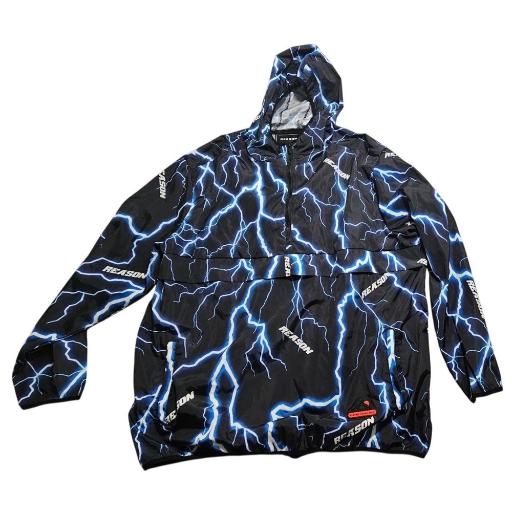 Reason AOP 3XL Lightning Bolt Print Windbreaker Quarter-Zip Hooded Jacket Black